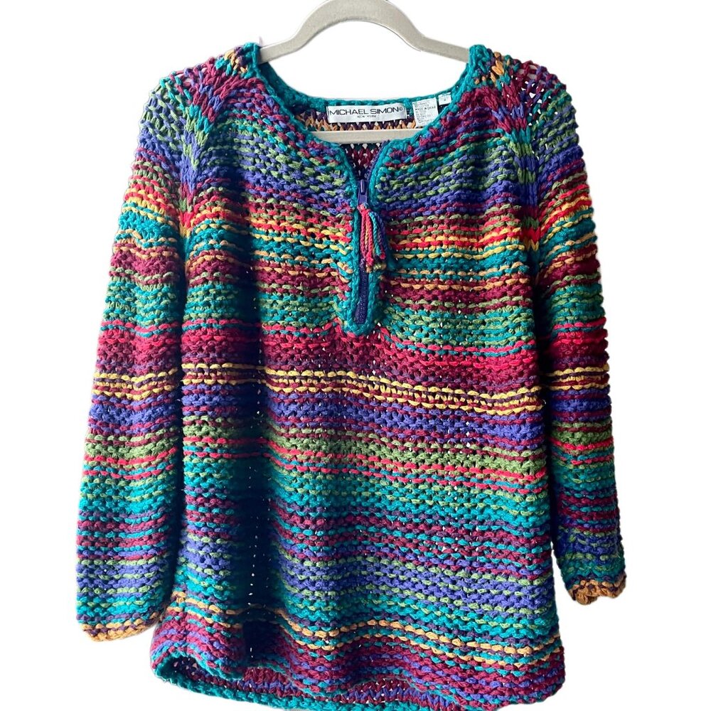 Vintage Michael Simon Rainbow Chunky Knit Half-Zip Sweater Size 2 Fits Medium